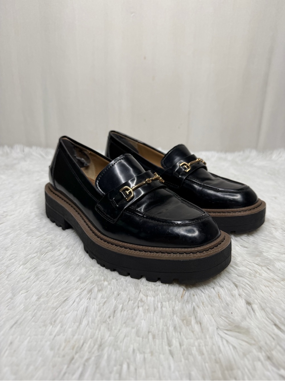 SAM EDELMAN / Laurs Chunky Black Patent Loafers Lug Sole Gold Horse Bit / 7.5